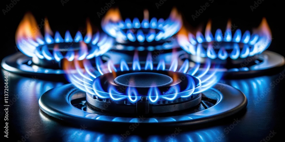 Burning gas stove hob blue flames close up in the dark on a black background , gas stove, flames, blue, heat, cooking Burning gas stove hob blue flames close up in the dark on a black background , gas stove, flames, blue, heat, cooking