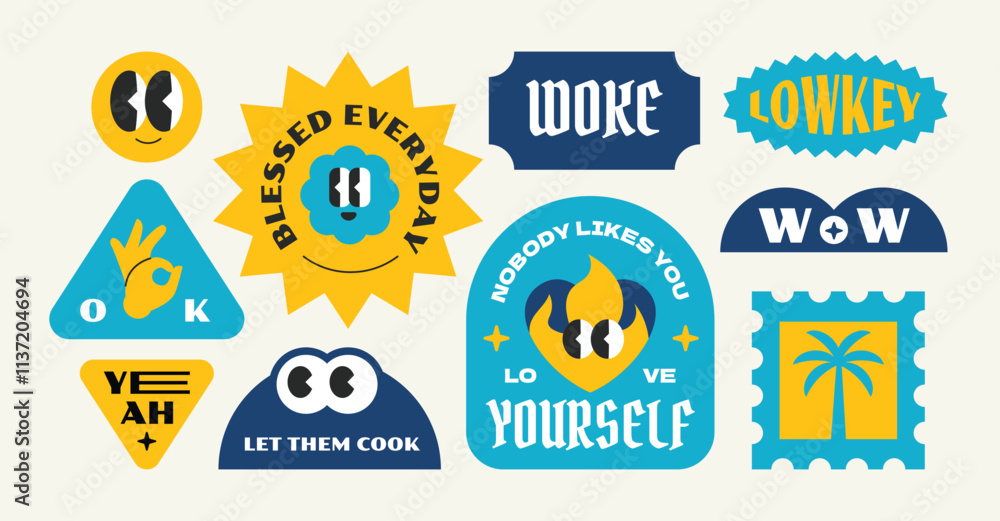Naklejka premium Trendy groovy vintage stickers collection. Stickers, tags, labels with gen z and millenials quote. Y2k cool style