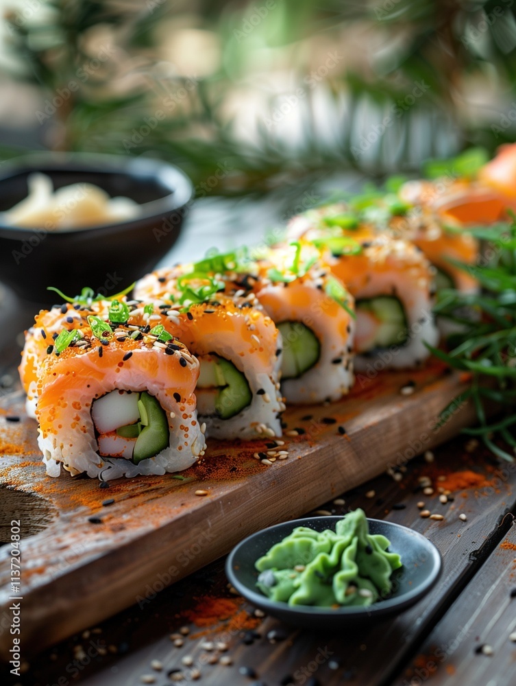 Close-up photo of Dynamite Roll sushi with spicy tuna, cucumber, avocado, and jalapenos on a wooden table Close-up photo of Dynamite Roll sushi with spicy tuna, cucumber, avocado, and jalapenos on a wooden table