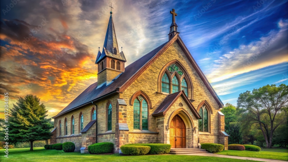 A beautiful church with stained glass windows and a tall steeple, religion, faith, architecture, Christian A beautiful church with stained glass windows and a tall steeple, religion, faith, architecture, Christian