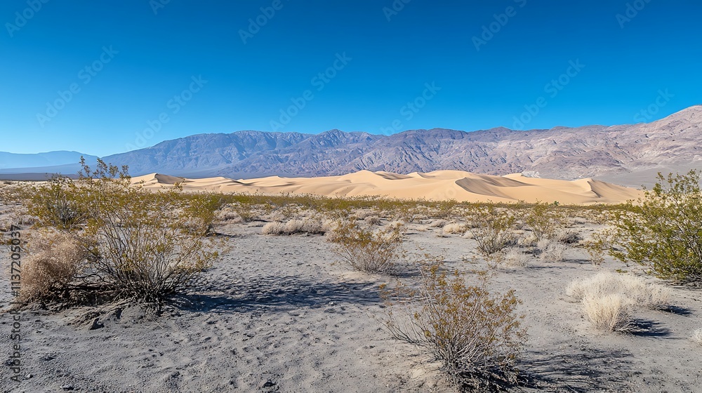 Desert Landscape Featuring Sand Dunes and Mountains Desert Landscape Featuring Sand Dunes and Mountains