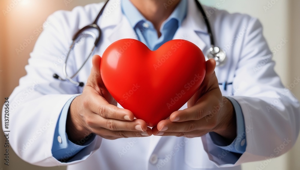 Doctor wear white lab coat, stethoscope holding red heart in hands. Cardiology healthcare, love medicine charity, healthy heart protection Doctor wear white lab coat, stethoscope holding red heart in hands. Cardiology healthcare, love medicine charity, healthy heart protection