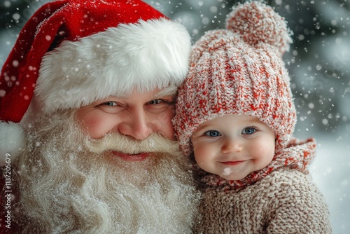 Lively yule, Ñute baby boy happiness with santa claus. Christmas marketing idea graphic for media and online marketing use. Santa claus joy lap ad. Xmas festive banners. Festive joy campaig. photo