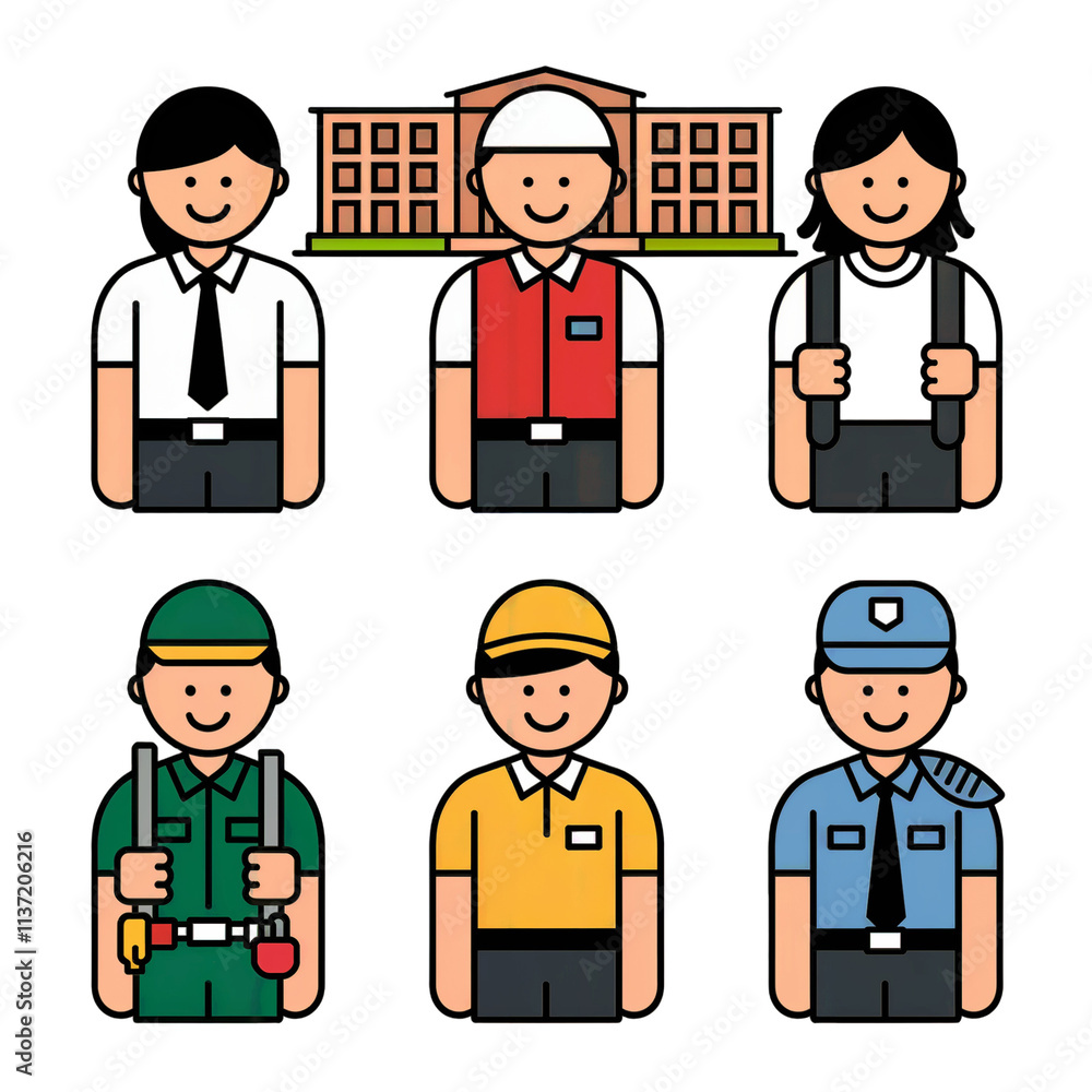 Set of six school workers and school building isolated transparent background Set of six school workers and school building isolated transparent background