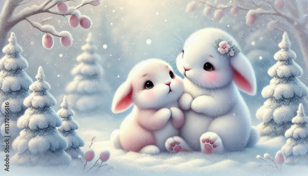 Obraz premium Two Charming Rabbits in a Whimsical Pastel Winter Wonderland Reflecting the Beauty of Snowmelt Season