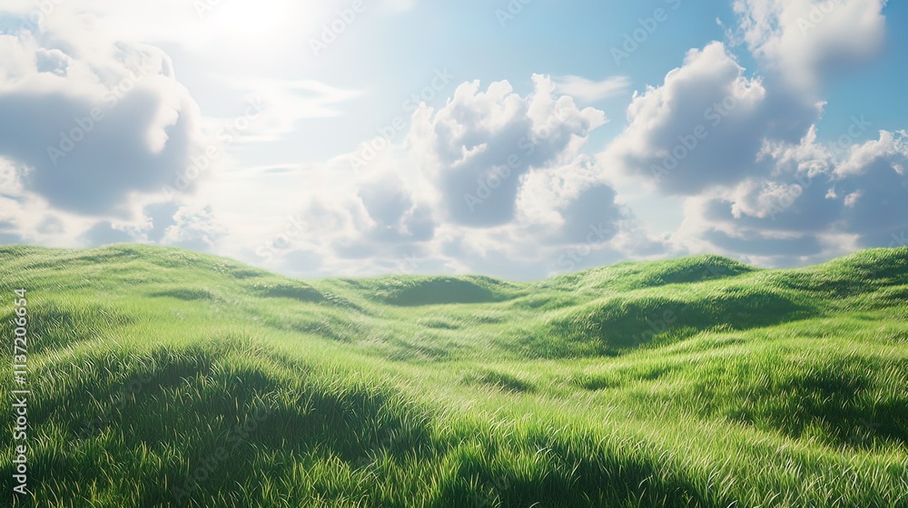 Sunny day over rolling green hills and fluffy clouds. Sunny day over rolling green hills and fluffy clouds.