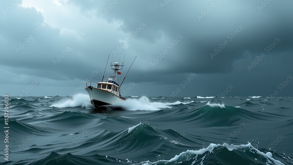 Naklejka premium **image 1: stormy sea** a white boat navigates through turbulent waters, driven by powerful waves that crash against its hull. **image 2: ocean's fury** the sea is at its most ferocious, with massive