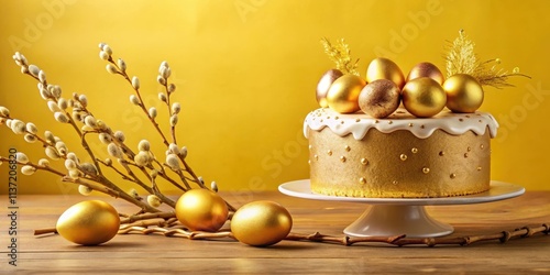 Golden Easter cake with golden eggs and blooming willow branches on yellow background , Paska, Gold, Easter, Cake, Eggs