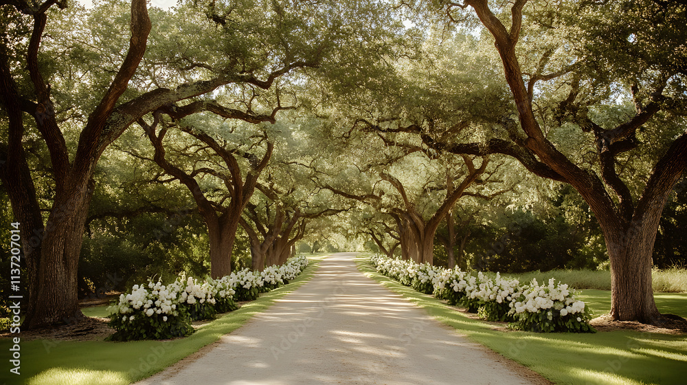 Tree-lined path with large oak branches forming a natural canopy, surrounded by blooming white flowers and lush greenery, perfect for serene walks and peaceful escapes Tree-lined path with large oak branches forming a natural canopy, surrounded by blooming white flowers and lush greenery, perfect for serene walks and peaceful escapes