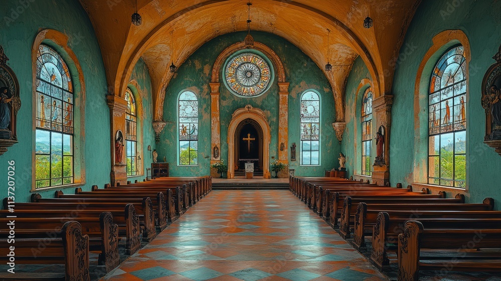 Fototapeta premium A serene interior of a church featuring stained glass windows and wooden pews.