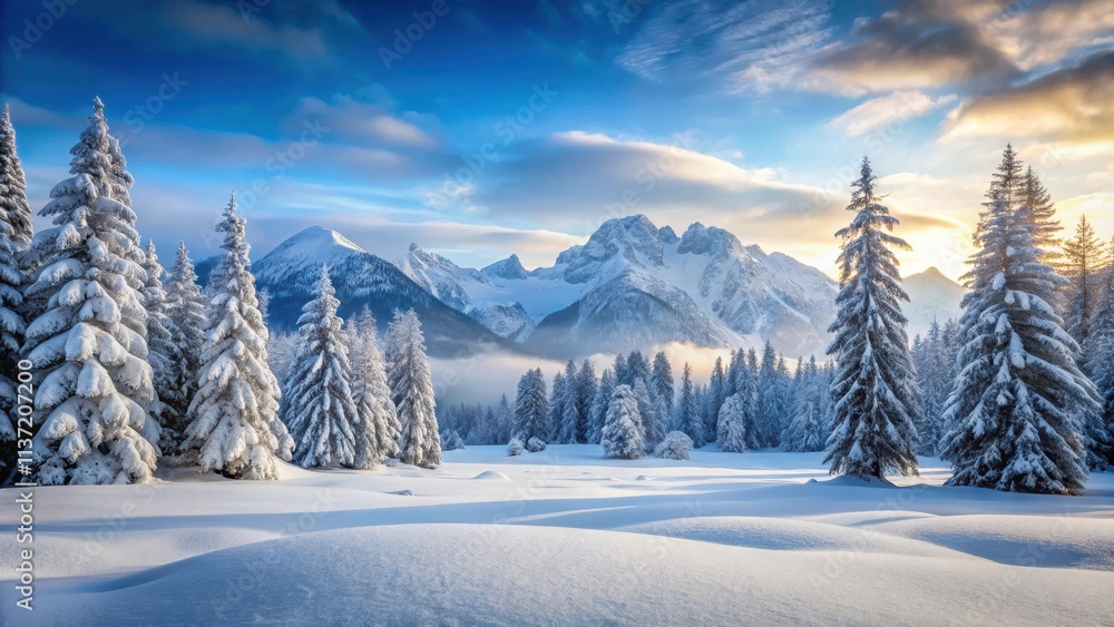 Obraz premium Snowy landscape with snow-covered trees and mountains in the background, Winter, cold, frozen, snow, white, ice, frost, nature
