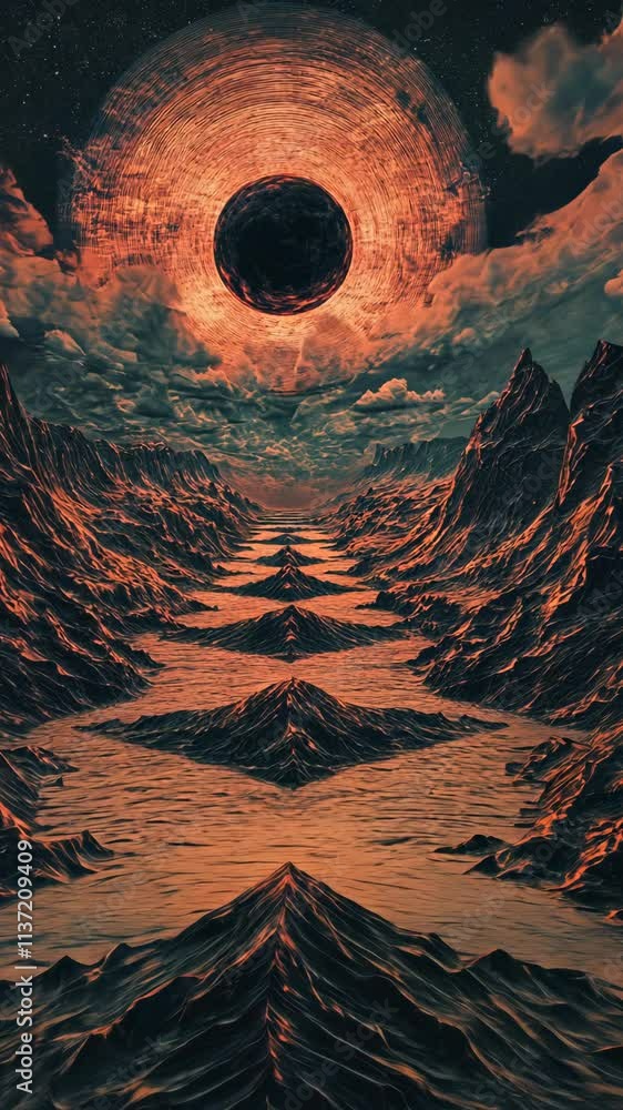 Mysterious landscape under a glowing celestial body reflecting on a rugged terrain at twilight Mysterious landscape under a glowing celestial body reflecting on a rugged terrain at twilight