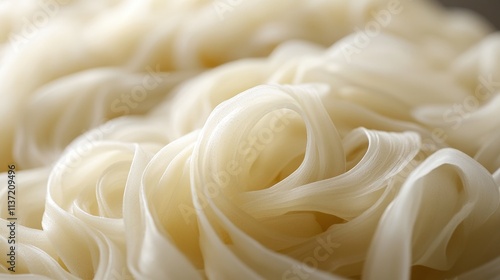 Close-up of creamy white noodles, textured and intertwined.