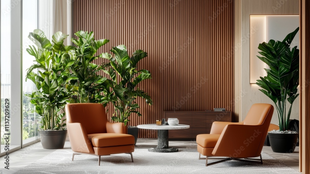 Fototapeta premium Stylish botanical living room design modern home interior decor