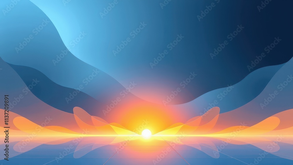 is captivating, showcasing a vibrant sunrise or sunset with warm hues that evoke feelings of serenity and calmness. the sun's rays are filtered through an abstract landscape of wavy lines, creating a is captivating, showcasing a vibrant sunrise or sunset with warm hues that evoke feelings of serenity and calmness. the sun's rays are filtered through an abstract landscape of wavy lines, creating a