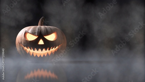 A scary spooky glowing carved halloween pumpkin lantern, Jack O' Lanterns, on the left of a wooden product display bench on a scary halloween night with a dark stone wall background lit from above.
 photo