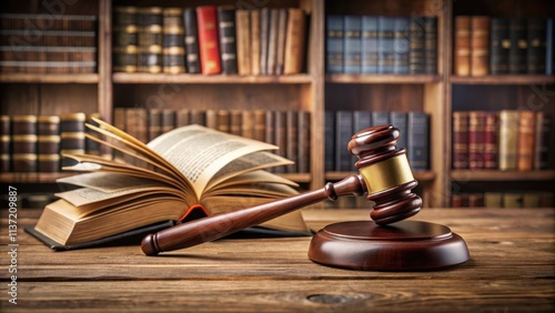 Courtroom scene with an open law book and wooden gavel symbolizing justice in the legal system , legal system, justice, courtroom