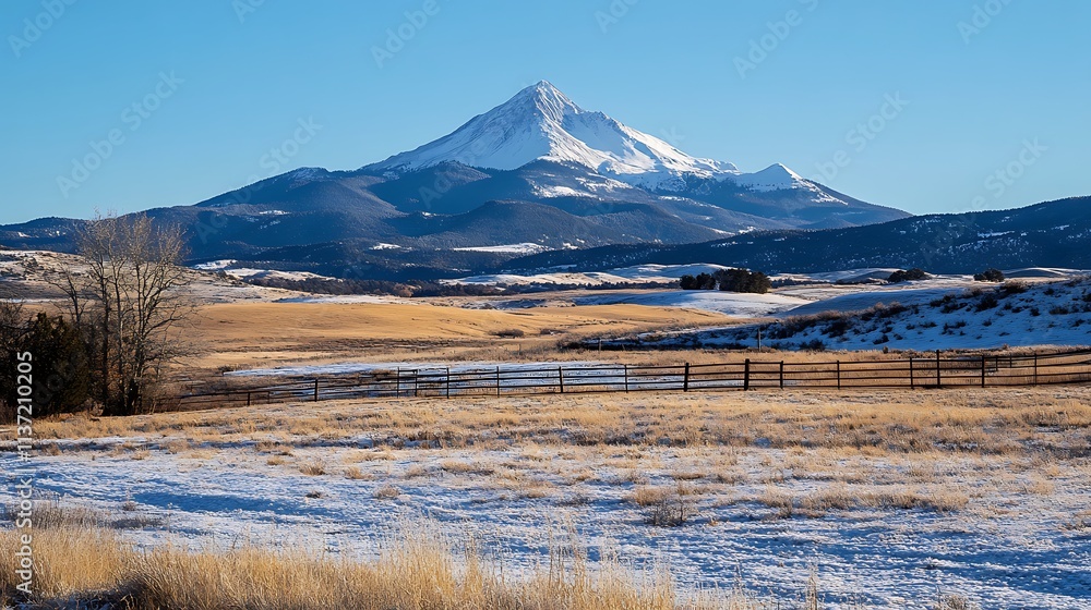 Snow capped mountain overlooking a winter field and fence Snow capped mountain overlooking a winter field and fence