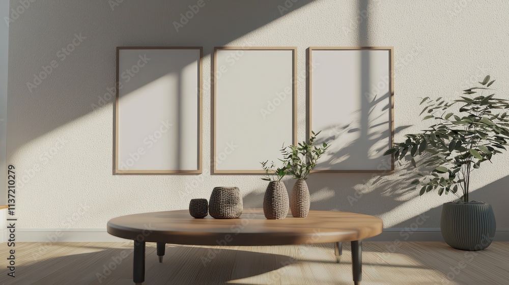 Fototapeta premium Simple living room with a geometric coffee table, triple 3D mockup frames, and a clean ambiance.