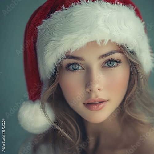 Cheerful Woman Dressed as Santa Claus on Pastel Background