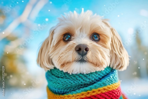 A Maltipoo wrapped in a warm scarf walking through a snowy forest, with frost clinging to the branches and a bright blue winter sky above