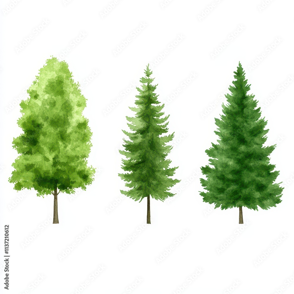 Fototapeta premium Three Watercolor Trees, Deciduous, Coniferous, and Fir
