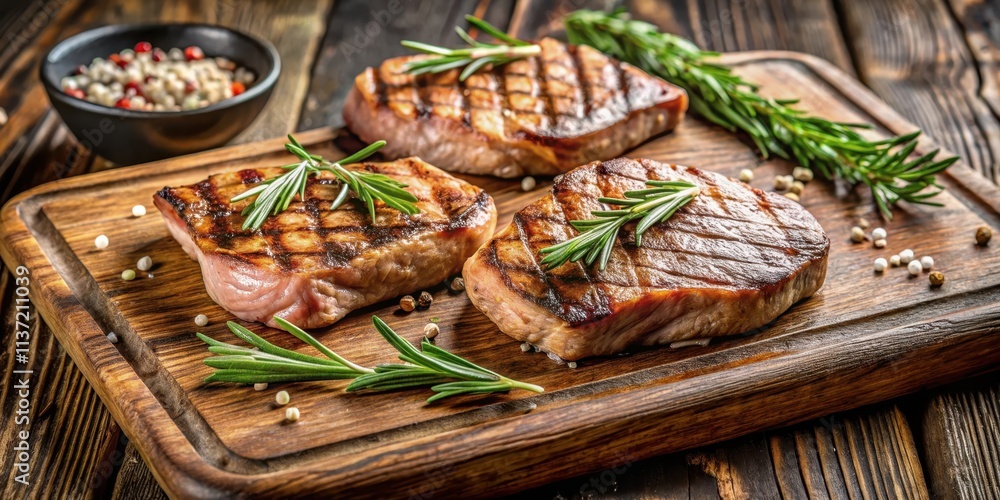 Grilled pork steaks with rosemary and salt on an old wooden board , pork, steaks, grilled, rosemary, salt, old, wooden board Grilled pork steaks with rosemary and salt on an old wooden board , pork, steaks, grilled, rosemary, salt, old, wooden board