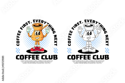 cezve pot turkish coffee retro cartoon character mascot illustration with standing pose and showing waving hand for beverage, restaurant, cafe mascot and merchandise
