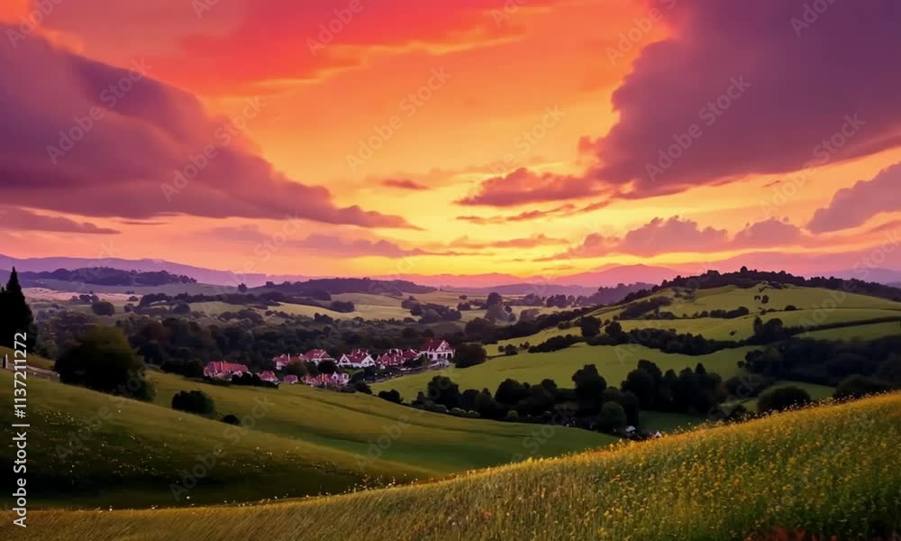 A vibrant sunset over rolling hills, with colorful clouds and lush greenery. A vibrant sunset over rolling hills, with colorful clouds and lush greenery.