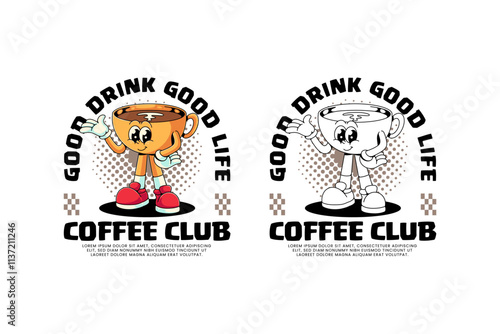 cup of coffee retro cartoon character mascot illustration with standing and offering something pose for beverage, restaurant, cafe mascot and merchandise