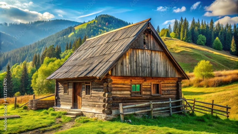 Obraz premium Old wooden cottage with hayloft in Carpathian mountains, perfect for eco tourism and countryside vacation