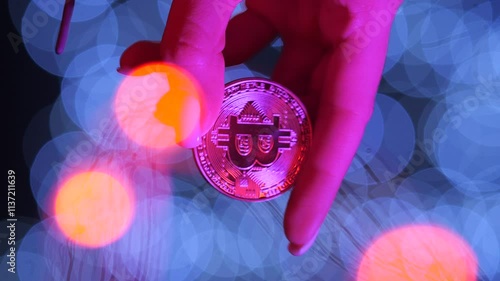 Vertical video of a bitcoin coin in a woman's hand against the backdrop of Christmas lights.