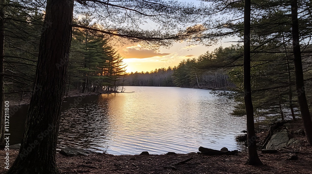 Serene Sunset Over a Calm Forest Lake Serene Sunset Over a Calm Forest Lake