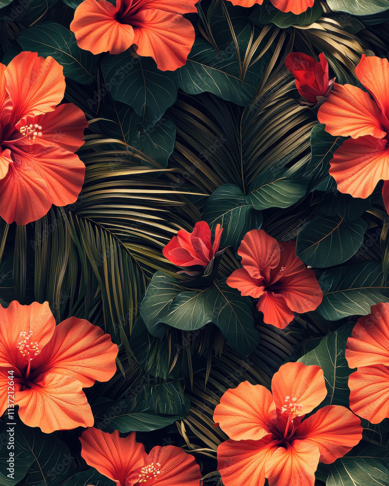 custom made wallpaper toronto digitalVibrant tropical pattern featuring hibiscus flowers and palm leaves