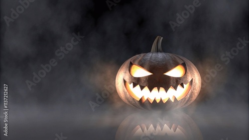 A scary spooky glowing carved halloween pumpkin lantern, Jack O' Lanterns, on the left of a wooden product display bench on a scary halloween night with a dark stone wall background lit from above.
 photo