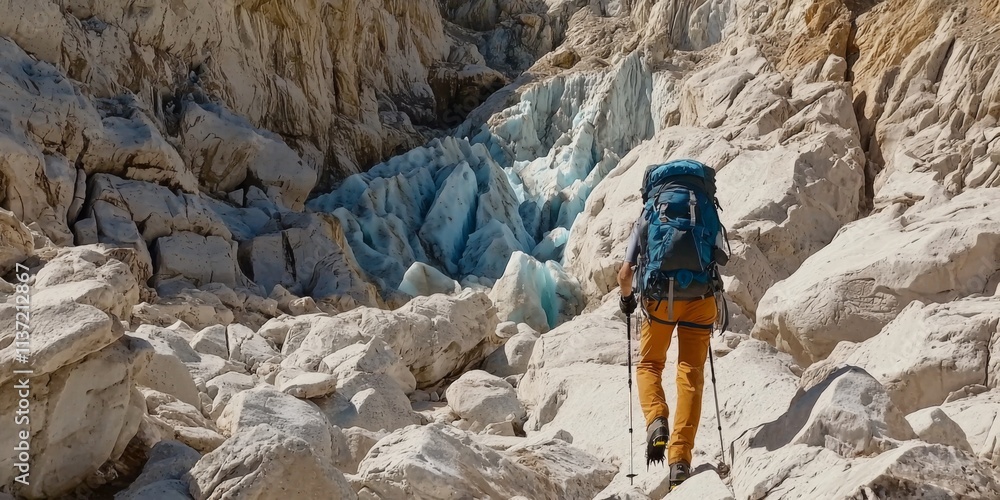 Hiker Trekking Glacier Mountain Rocks Landscape Adventure