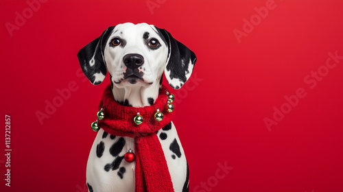 Dalmatian wearing a holiday-themed scarf with bells, promoting festive pet photography for Christmas campaigns photo