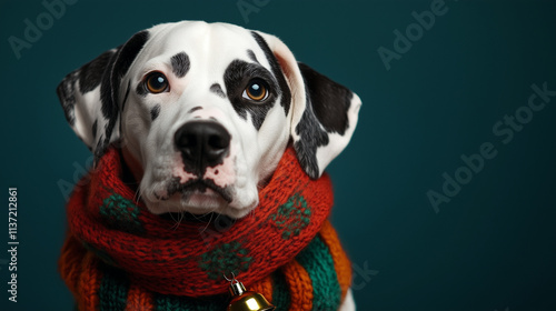 Dalmatian wearing a holiday-themed scarf with bells, promoting festive pet photography for Christmas campaigns photo