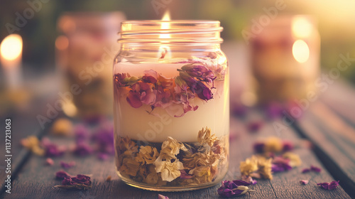 DIY scented candles with dried flowers in mason jars for home decor, promoting creativity and unique interior accents photo