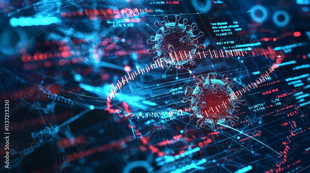 An abstract representation of medical research on a virus, using stylized lab equipment and digital data streams An abstract representation of medical research on a virus, using stylized lab equipment and digital data streams