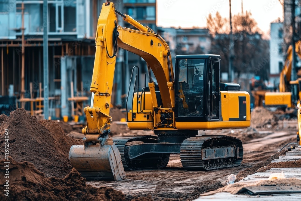 Yellow Excavator Working on a Construction Site Yellow Excavator Working on a Construction Site