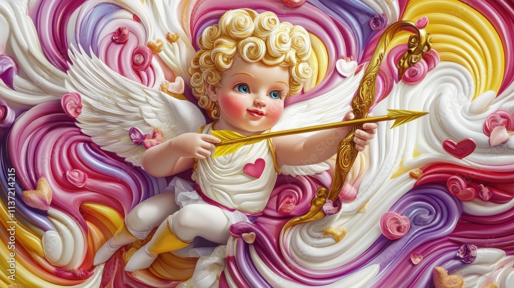 Cupid holding a golden bow, vibrant arrows cutting through a swirling, love-filled colorful background, realistic details. Cupid holding a golden bow, vibrant arrows cutting through a swirling, love-filled colorful background, realistic details.