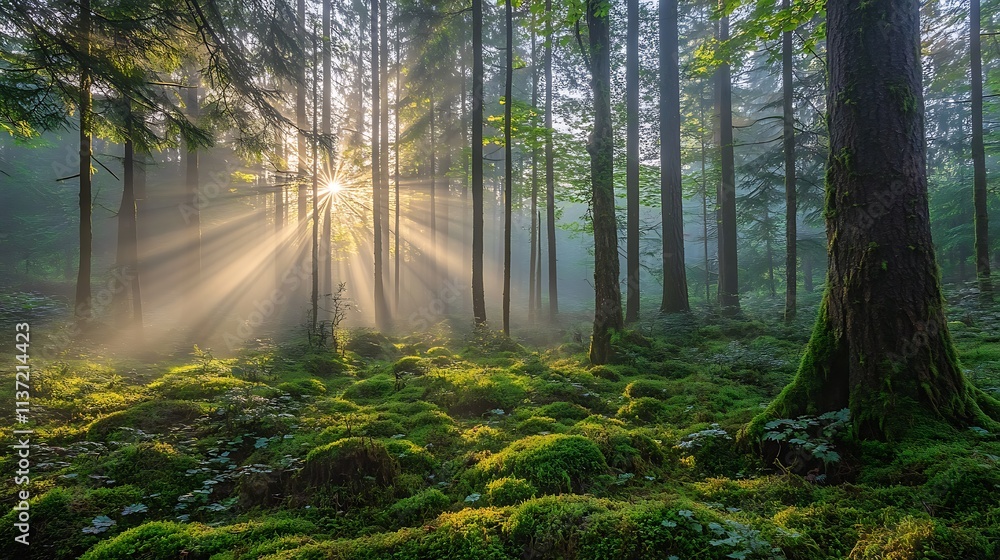 Obraz premium Sunbeams Illuminate a Mossy Forest Floor