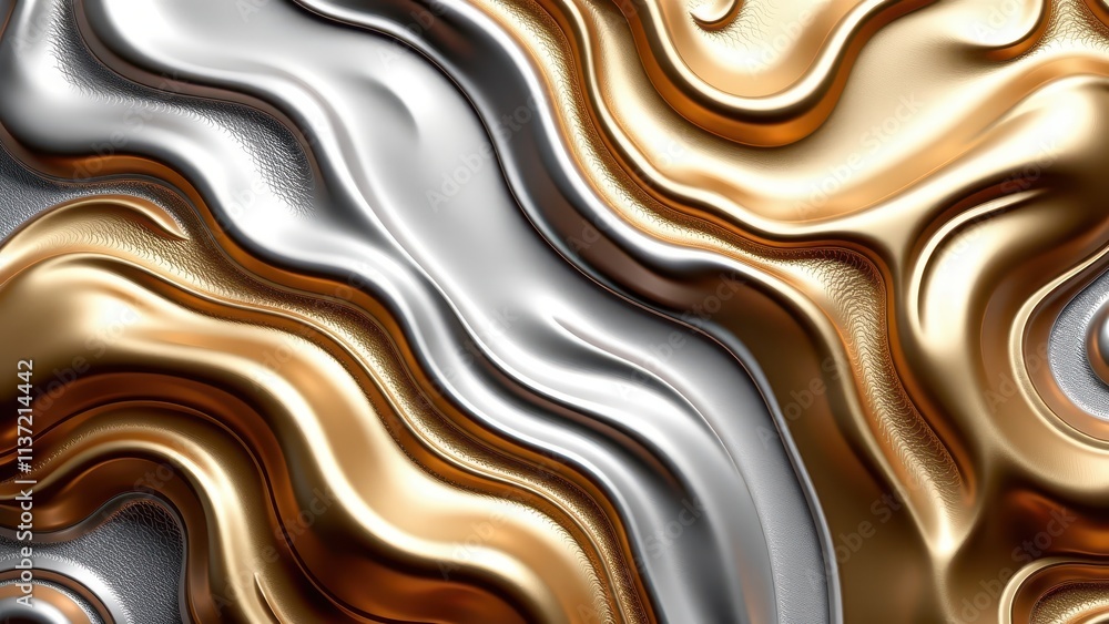 showcases an abstract design featuring metallic gold, silver, and bronze hues with a wavy texture. the flowing lines create a sense of fluidity, reminiscent of molten metal or rippling water. the showcases an abstract design featuring metallic gold, silver, and bronze hues with a wavy texture. the flowing lines create a sense of fluidity, reminiscent of molten metal or rippling water. the