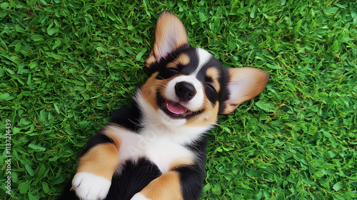 Happy corgi puppy lying on fresh green grass, perfect for promoting family bonding and pet happiness