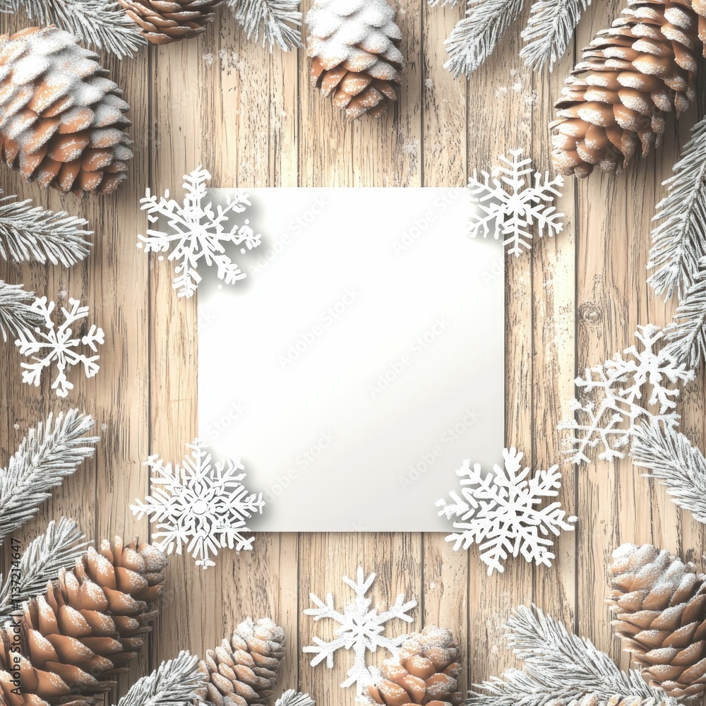 Snowflake and pinecone wooden border, winter background with blank space, festive holiday design Snowflake and pinecone wooden border, winter background with blank space, festive holiday design