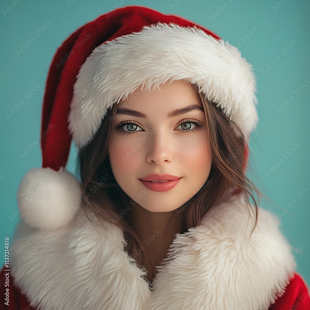 Elegant European woman in Santa Claus costume smiling on pastel holiday background Elegant European woman in Santa Claus costume smiling on pastel holiday background
