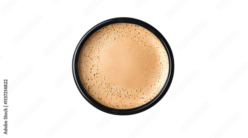 Top view of a frothy coffee cup with a smiling foam design, isolated on a white background suitable for caf?branding and feel-good visuals. Top view of a frothy coffee cup with a smiling foam design, isolated on a white background suitable for caf?branding and feel-good visuals.