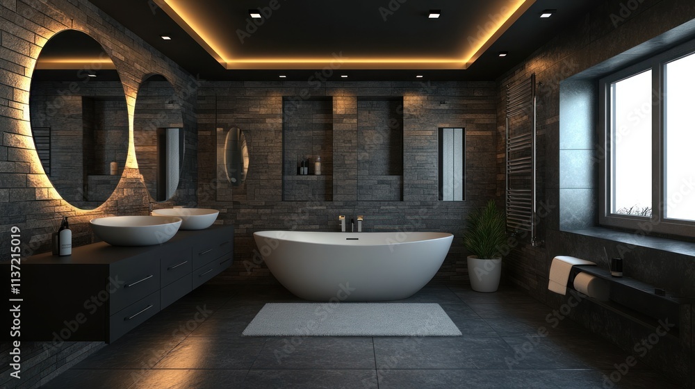 Fototapeta premium Modern dark bathroom with freestanding bathtub, double sinks, and brick wall.
