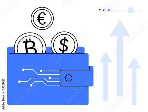 Digital wallet holding Euro, Bitcoin, and Dollar coins with ascending arrows in the background. Ideal for cryptocurrency, digital wallet, fintech, investment, trading, financial growth economics